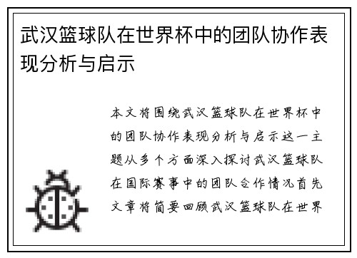 武汉篮球队在世界杯中的团队协作表现分析与启示